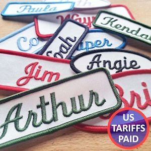 Custom vintage-styled iron-on name tag patch.   For your uniform, shirt, apron, coveralls, backpack, jacket, vest or dog harness