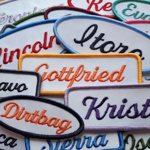 Custom vintage-styled iron-on name tag patch.   Cursive font style.  For your uniform, shirt, apron, coveralls, backpack, jacket, or vest
