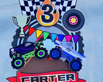 Monster trucks cake topper. Monster truck party decoration. Monster trucks supplies.