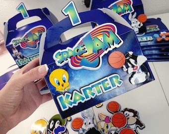 Cajas de Baby Space Jam. Cajas de recuerdos para fiestas de Space Jam. Decoraciones para fiestas de Space Jam. Fiesta de cumpleaños de los Looney Tunes.