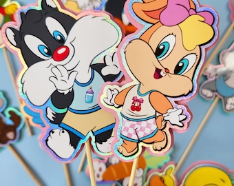 Adornos para cupcakes de Baby Space Jam / Looney Tunes (12 unidades) / Decoración para fiesta de bebé / Fiesta de cumpleaños de Baby Space Jam. Revelación de género.