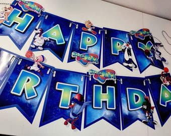 Banner de feliz cumpleaños de Space Jam. Decoraciones para fiestas de Space Jam. Suministros para fiestas de Space Jam.