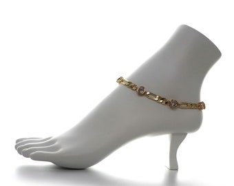 Italian Figaro Link Chain Anklet Cubic Zirconia Ankle Bracelet 14K Gold Plated