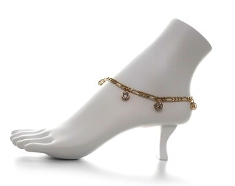 Italian Figaro Link Chain Anklet Cubic Zirconia Ankle Bracelet 14k Gold Plated