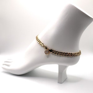 Cubic Zirconia 5mm Concave Cuban Chain Anklet, Cuban Chain Anklet Bracelet, Stone Chain Anklet, 14k Gold Plated Chain Anklet, Chain Anklet