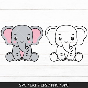 May include: Two cartoon elephant illustrations. One is gray with pink ears and cheeks, the other is a black outline. Both are sitting with their trunks curled up. The bottom of the image has the text "SVG / DXF / EPS / PNG / JPG".