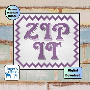May include: A digital cross-stitch design with the letters "ZTP IT" in purple, on a white background with a decorative border. The image includes text that reads "Human made art (NO AI)" and "Digital Download".