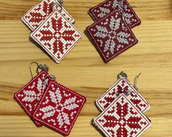 Scandi snowflake cross stitch earrings - red