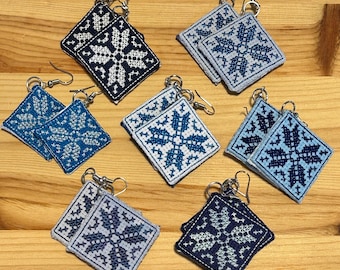 Scandi snowflake cross stitch earrings - blue