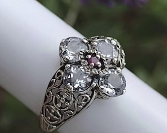 Ruby and White Topaz Vintage Sterling Silver Filigree Ring, 9 3/4