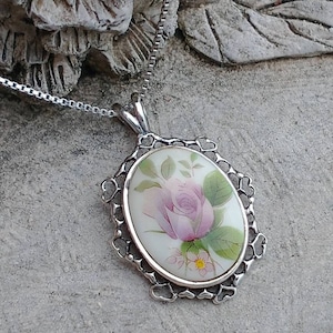 Jezlaine Painted Rose Necklace, Vintage Porcelain Rose Necklace framed by Sterling Hearts, 18 inch Sterling Silver Chain