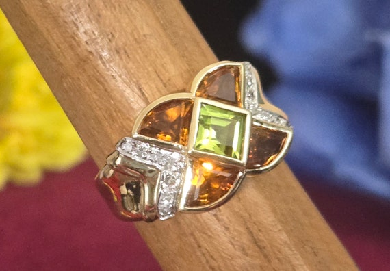 14k Gold Ring with Citrine, Peridot, and Diamonds… - image 3