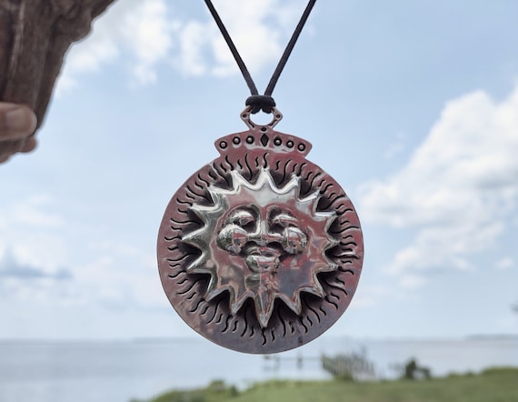 Sterling Silver Large Sun Face Pendant Necklace, … - image 1