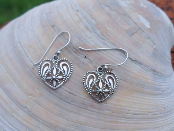 Vintage Heart Earrings, Solid Sterling Silver, Op… - image 3