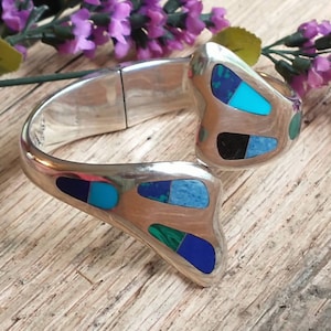 Vintage Taxco 950 Sterling Silver Hinged Clamper Cuff Bracelet, Heavy Vintage Colorful Inlay Modernist Bracelet