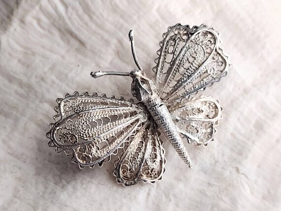 Sterling Silver Butterfly Brooch, Vintage Filigre… - image 7