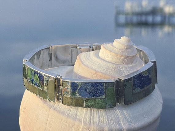 Vintage Taxco Sterling Silver Stone Mosaic Inlay Bracelet, Mexican Sterling Panel Bracelet View 2