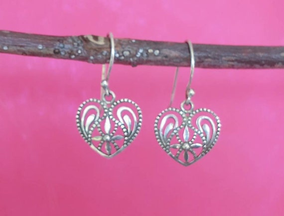 Vintage Heart Earrings, Solid Sterling Silver, Op… - image 7