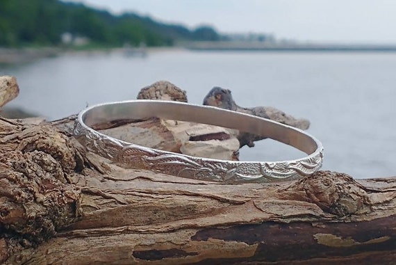 Sterling Silver Bangle Bracelet, Textured Sterlin… - image 1