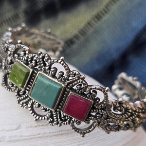 Barse Sterling Silver Multi Stone Cuff Bracelet, Vintage Boho Turquoise Green Red Silverwork