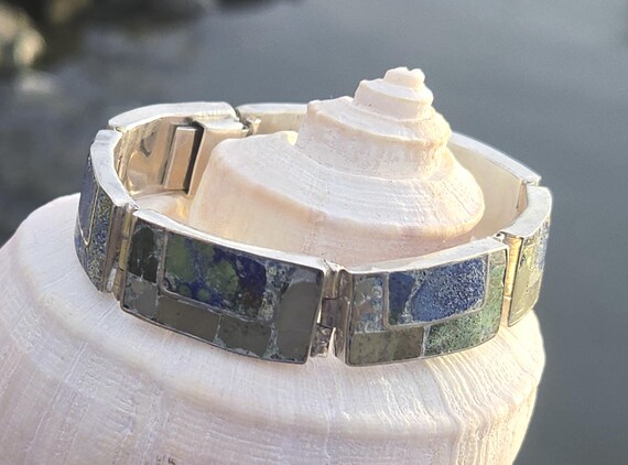 Vintage Taxco Sterling Silver Stone Mosaic Inlay Bracelet, Mexican Sterling Panel Bracelet View 6