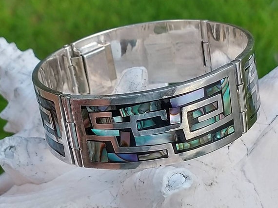 Vintage Taxco Sterling Abalone Inlay Bracelet, 71… - image 2