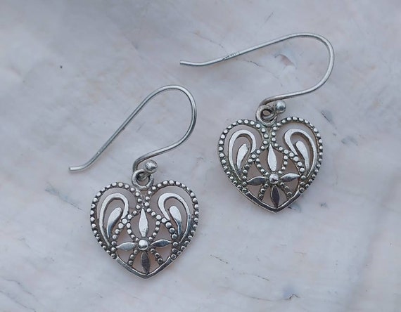 Vintage Heart Earrings, Solid Sterling Silver, Op… - image 5
