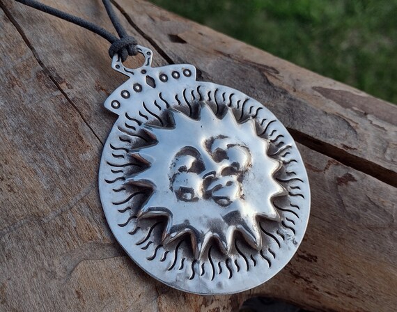Sterling Silver Large Sun Face Pendant Necklace, … - image 2