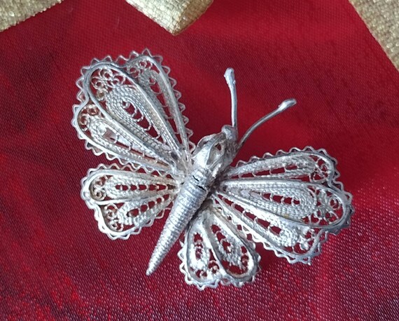 Sterling Silver Butterfly Brooch, Vintage Filigre… - image 3