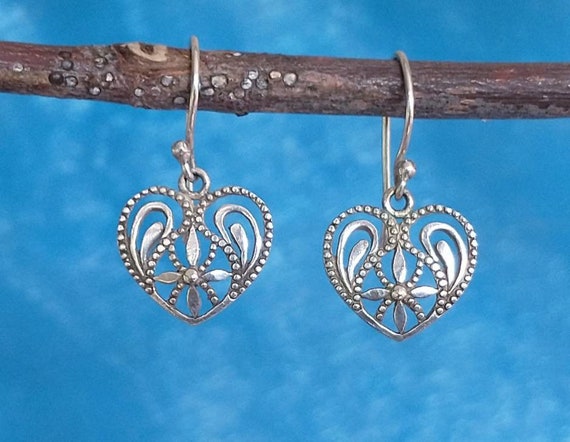 Vintage Heart Earrings, Solid Sterling Silver, Op… - image 4