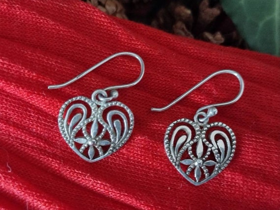 Vintage Heart Earrings, Solid Sterling Silver, Op… - image 8
