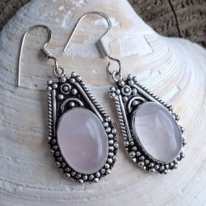 Vintage Sterling Silver & Rose Quartz Earrings, Teardrop Dangles