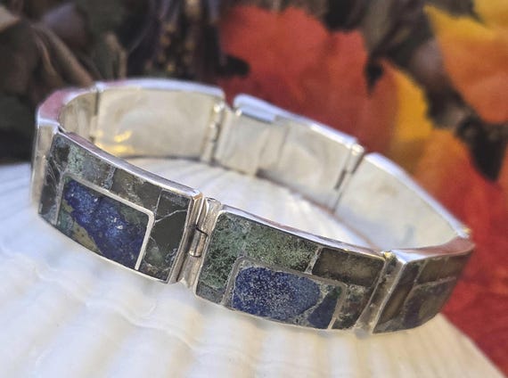 Vintage Taxco Sterling Silver Stone Mosaic Inlay Bracelet, Mexican Sterling Panel Bracelet View 4