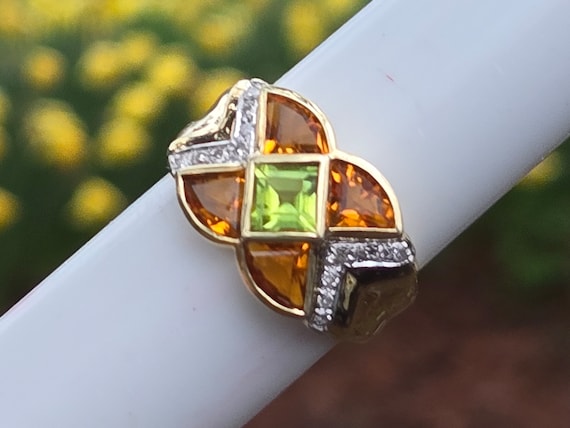 14k Gold Ring with Citrine, Peridot, and Diamonds… - image 1