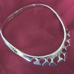 Vintage Taxco Sterling Silver Hinged Choker Necklace, Modernist Cutout Design, Mexico 925 TM-92, 103g, 15&quot;