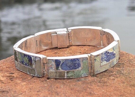 Vintage Taxco Sterling Silver Stone Mosaic Inlay Bracelet, Mexican Sterling Panel Bracelet View 3