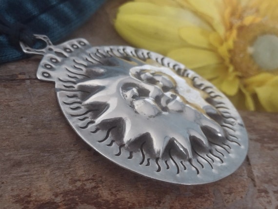 Sterling Silver Large Sun Face Pendant Necklace, … - image 5