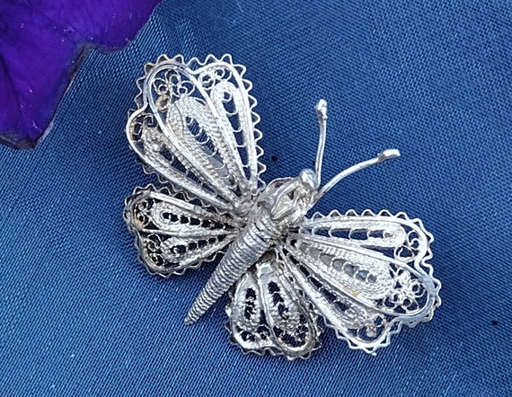 Sterling Silver Butterfly Brooch, Vintage Filigre… - image 5