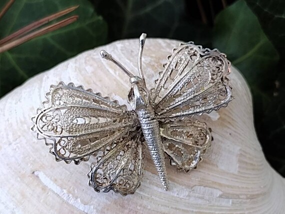 Sterling Silver Butterfly Brooch, Vintage Filigre… - image 2