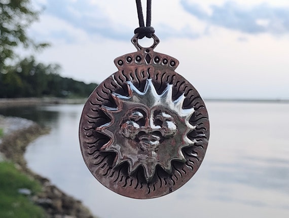 Sterling Silver Large Sun Face Pendant Necklace, … - image 3