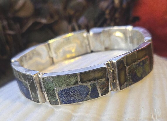 Vintage Taxco Sterling Silver Stone Mosaic Inlay Bracelet, Mexican Sterling Panel Bracelet