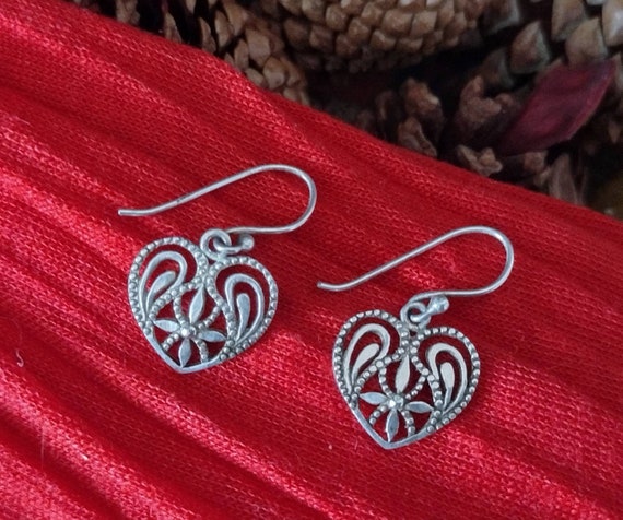 Vintage Heart Earrings, Solid Sterling Silver, Op… - image 1
