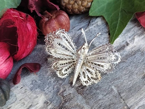 Sterling Silver Butterfly Brooch, Vintage Filigre… - image 6