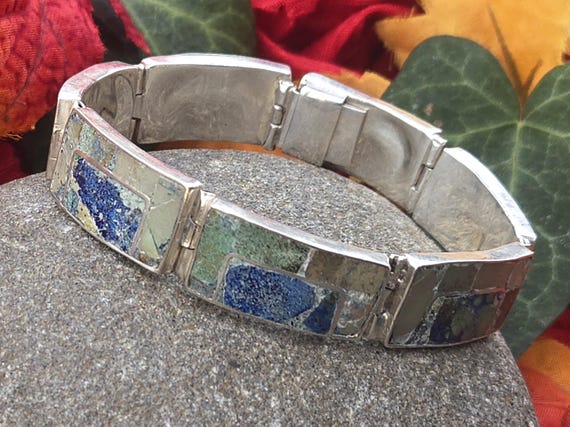 Vintage Taxco Sterling Silver Stone Mosaic Inlay Bracelet, Mexican Sterling Panel Bracelet View 5