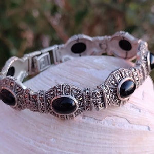 Vintage Sterling Silver Marcasite & Onyx Bracelet, Solid Art Deco Style, 7 1/4&quot; x 5/8&quot;, 32g