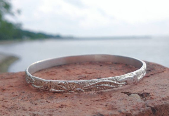 Sterling Silver Bangle Bracelet, Textured Sterlin… - image 3