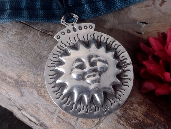 Sterling Silver Large Sun Face Pendant Necklace, … - image 4