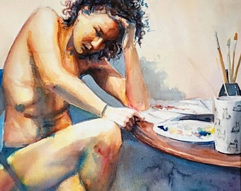 Original artistic nude watercolor painting of a young woman painting, "the turmoil"