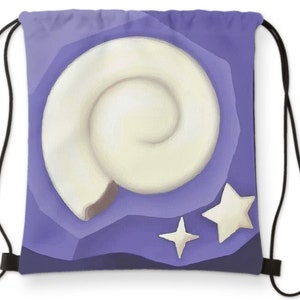 May include: Purple drawstring bag with a white seashell and two white stars on a purple background.