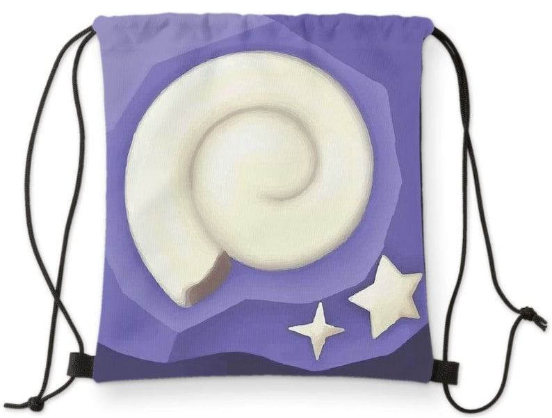May include: Purple drawstring bag with a white seashell and two white stars on a purple background.